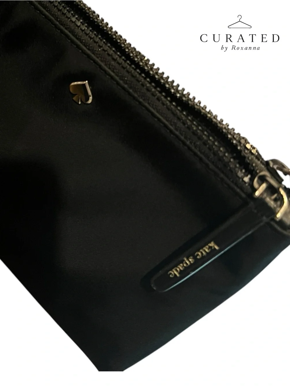 Kate Spade Black Nylon Wristlet Zip Pouch Clutch Gold Spade Logo EUC